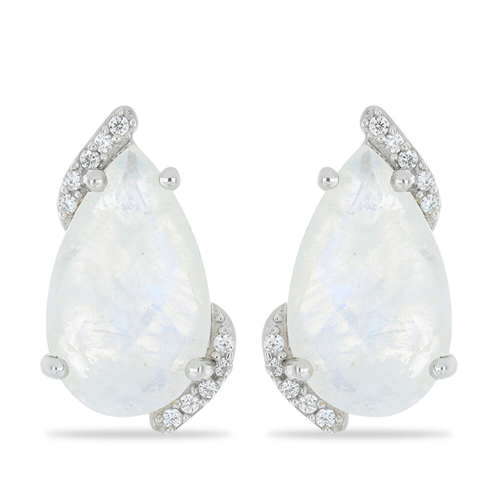 BUY STERLING SILVER NATURAL RAINBOW MOONSTONE WITH WHITE ZIRCON GEMSTONE EARRINGS 